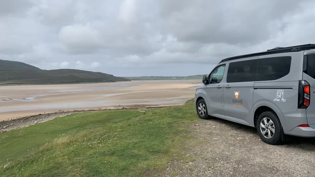 Toby, a Ford Transit Custom pop-top campervan available for family hire in the Scottish Highlands.