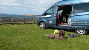 highland auto campers dog friendly campervan hire 5 1600 900 Ford Transit Custom campervan parked beside a dog-friendly beach in Scotland.